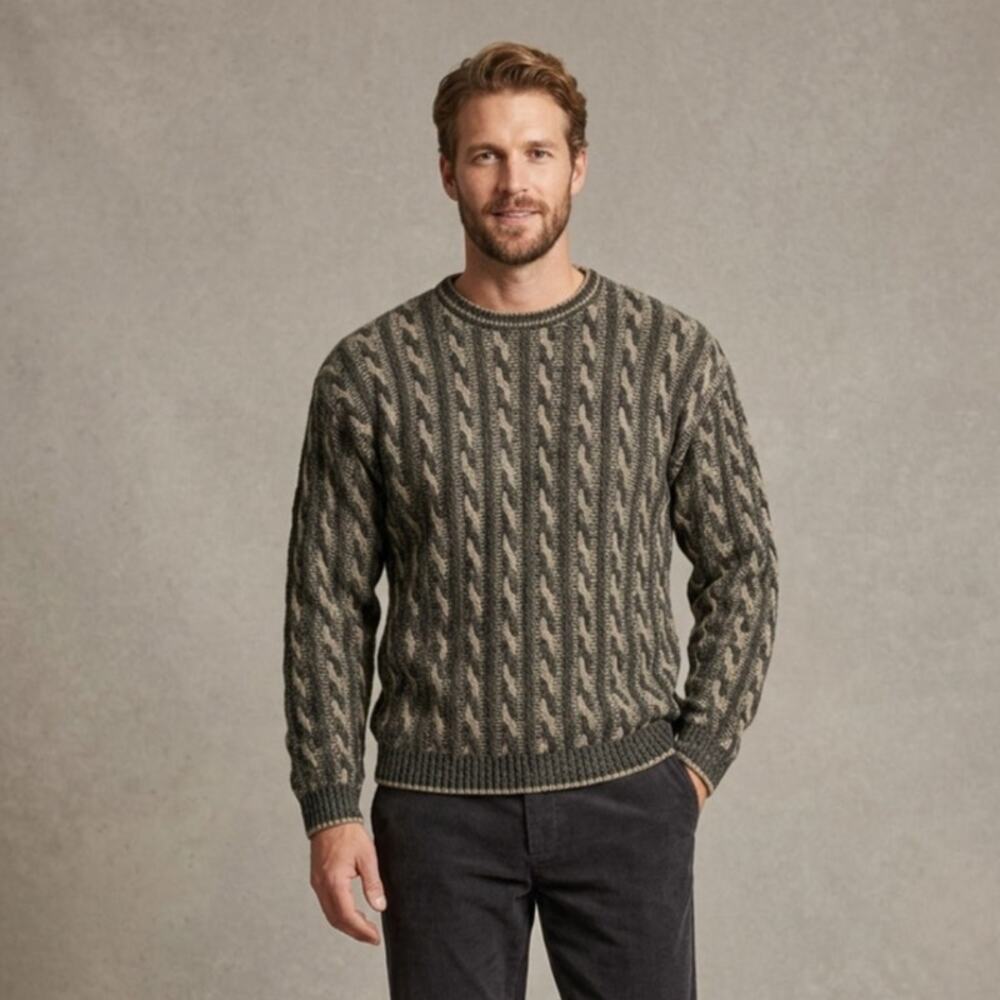 VTG Liberty Sweaters Mens XL Gray Beige Crewneck Cable Knit Pullover USA Made